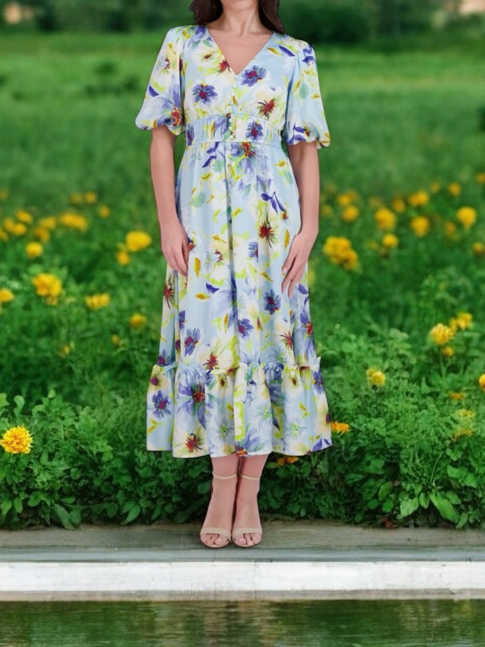 Kensie Women’s Blue Floral V Neck Puff Sleeve Cocktail Party MIDI Dress NWT 16